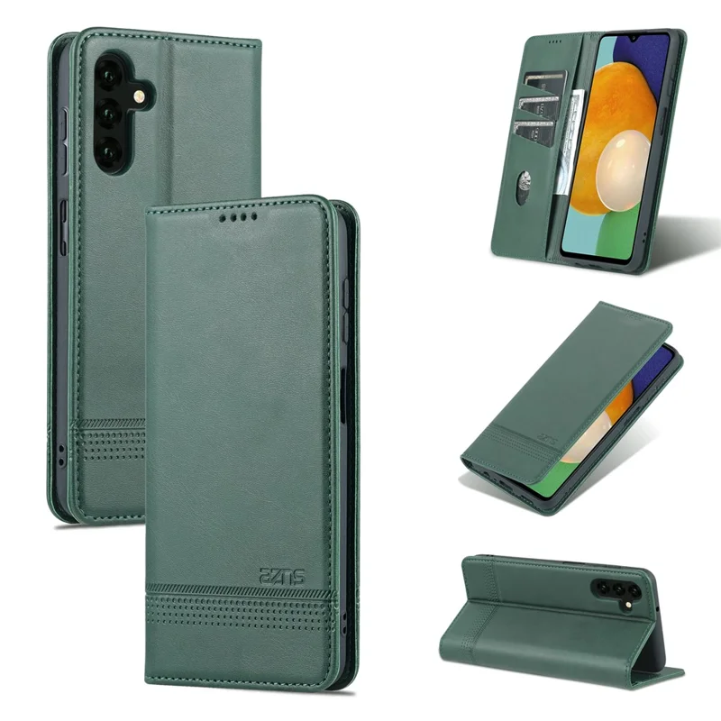 AZNS Drop-proof Auto-absorbed Wallet Design PU Leather Protective Phone Stand Cover Case for Samsung Galaxy A13 5G / A04s 4G (164.7mm) - Green