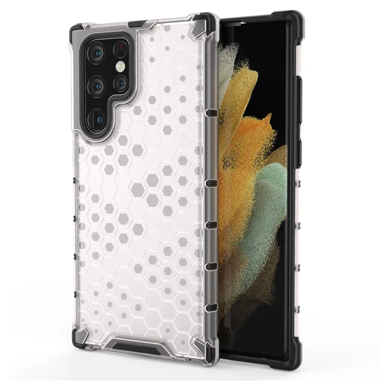 Pattern Honeycomb TPU + PC Copertura Per Telefono Ibrido Custodia Protettiva a Prova di Shock Per Samsung Galaxy S22 Ultra 5G - Grigio