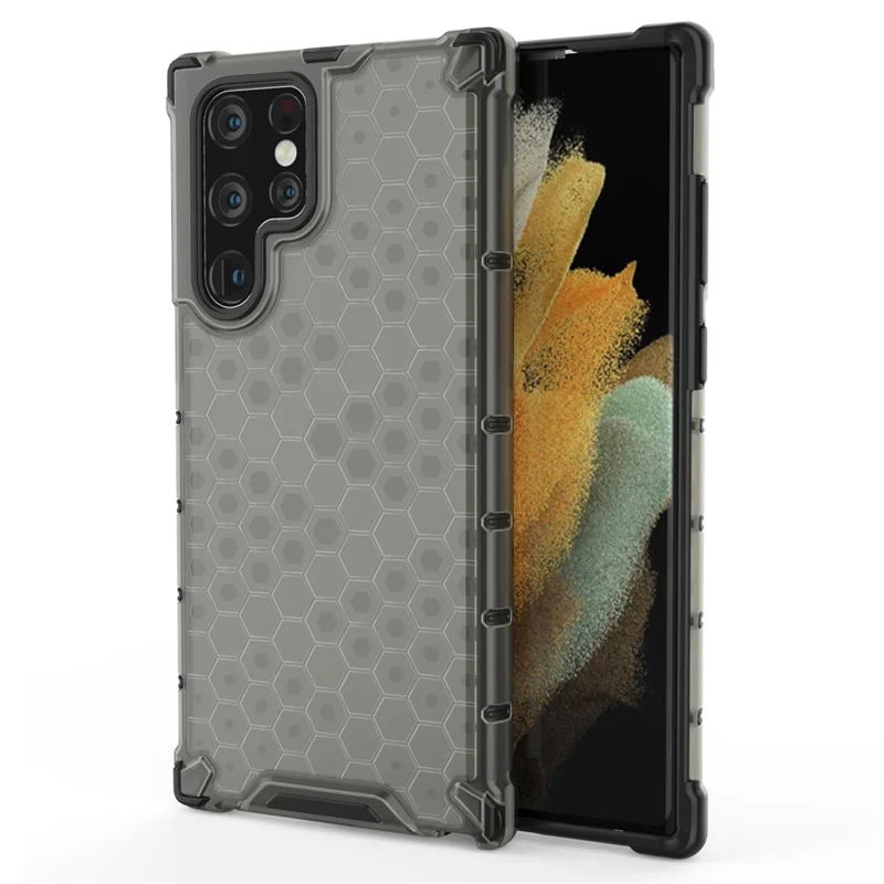 Honeycomb Pattern TPU + PC Hybrid Phone Cover Shock-proof Protective Case for Samsung Galaxy S22 Ultra 5G - Black