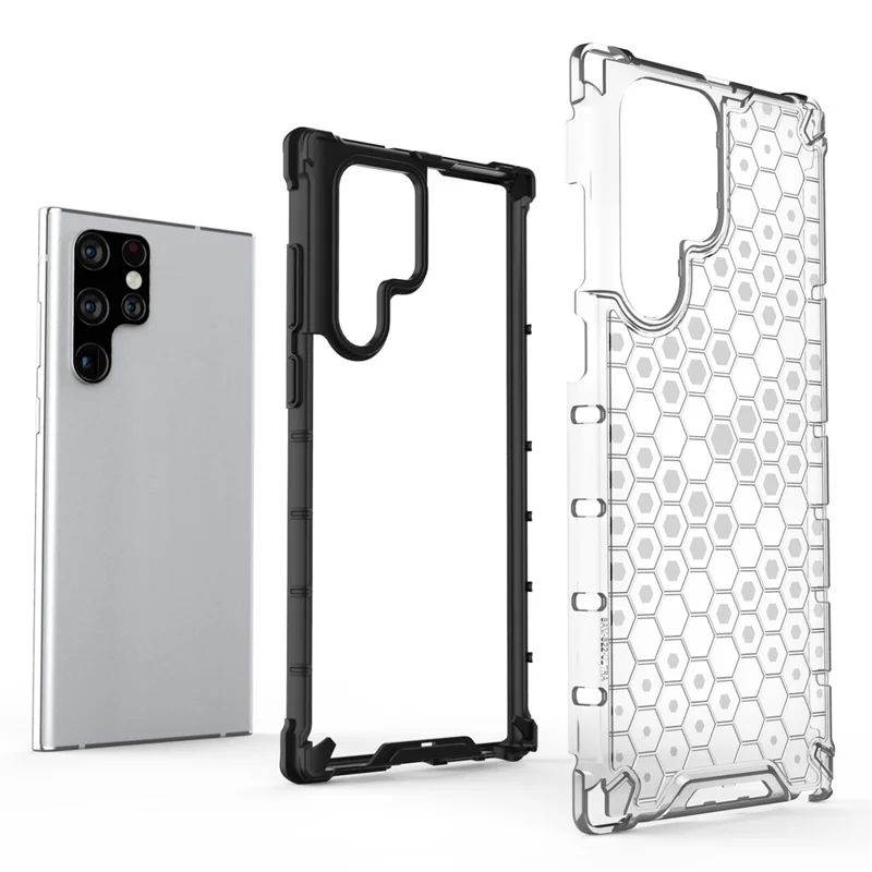 Honeycomb Pattern TPU + PC Hybrid Phone Cover Shock-proof Protective Case for Samsung Galaxy S22 Ultra 5G - Black