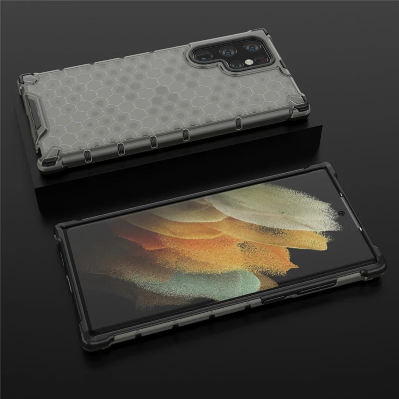 Honeycomb Pattern TPU + PC Hybrid Phone Cover Shock-proof Protective Case for Samsung Galaxy S22 Ultra 5G - Black