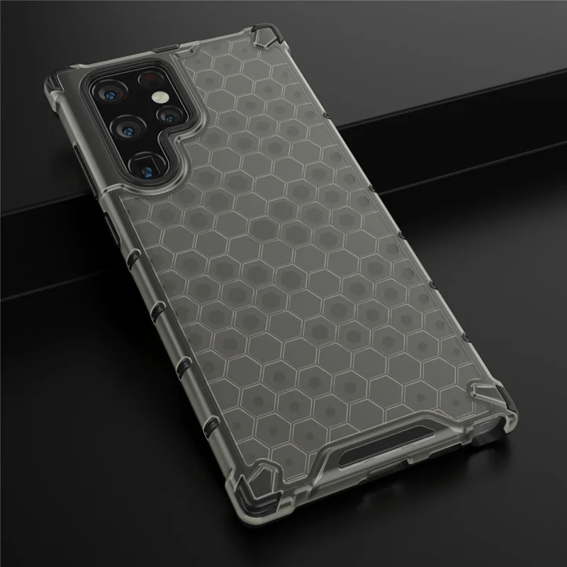 Honeycomb Pattern TPU + PC Hybrid Phone Cover Shock-proof Protective Case for Samsung Galaxy S22 Ultra 5G - Black