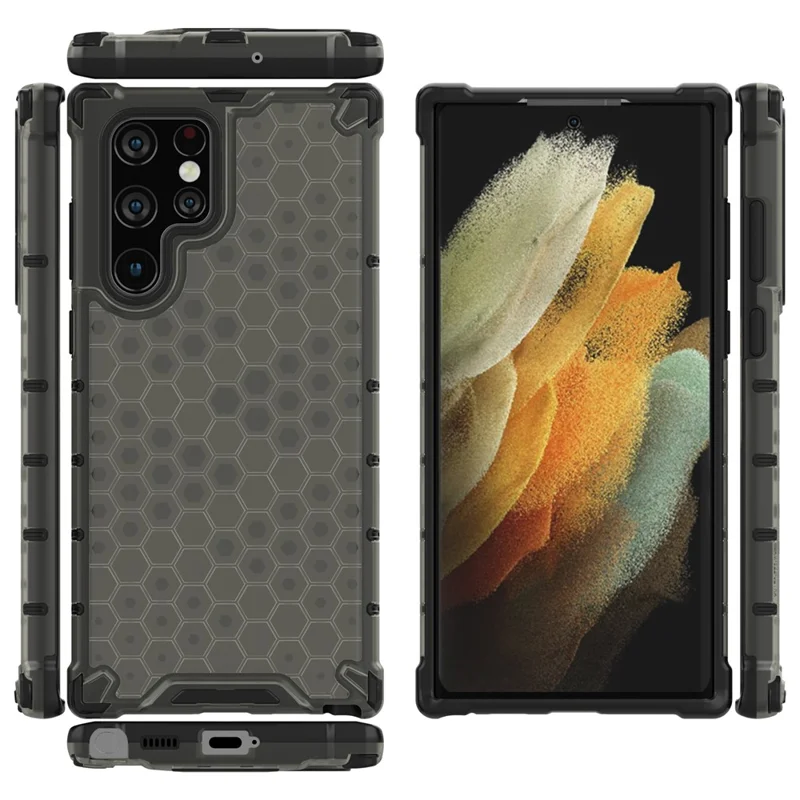 Honeycomb Pattern TPU + PC Hybrid Phone Cover Shock-proof Protective Case for Samsung Galaxy S22 Ultra 5G - Black