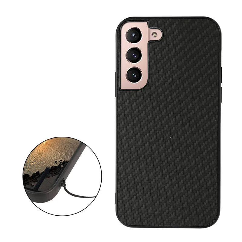 Carbon Fiber Texture Phone Case PU Leather Coated PC + TPU Hybrid Cover for Samsung Galaxy S22+ 5G - Black