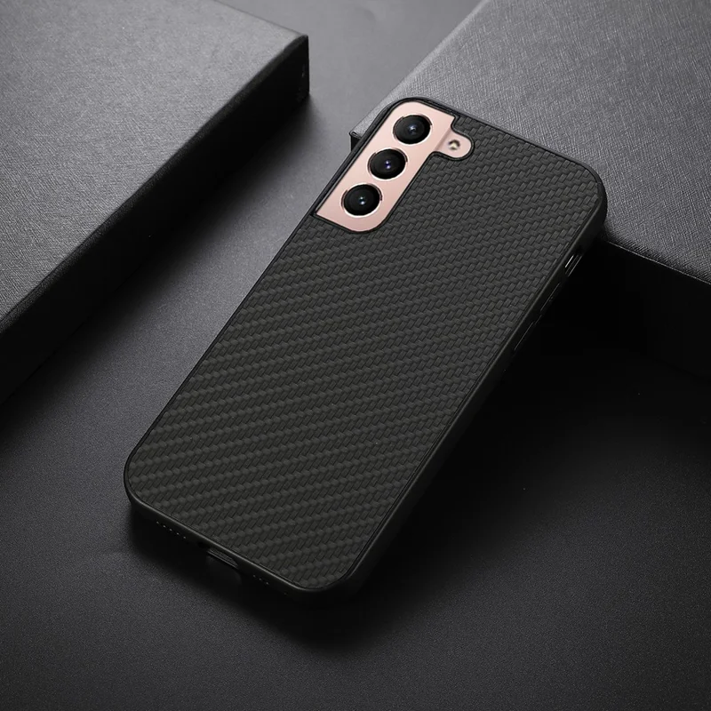 Carbon Fiber Texture Phone Case PU Leather Coated PC + TPU Hybrid Cover for Samsung Galaxy S22+ 5G - Black