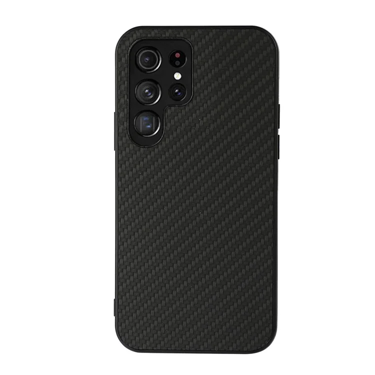 PU Leather Coated PC + TPU Carbon Fiber Texture Shockproof Phone Case Cover for Samsung Galaxy S22 Ultra 5G - Black