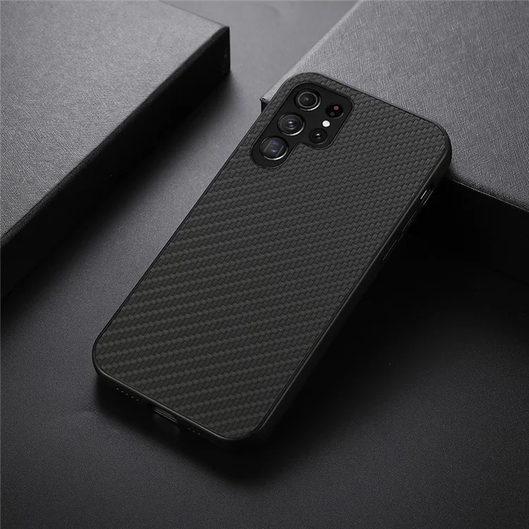 PU Leather Coated PC + TPU Carbon Fiber Texture Shockproof Phone Case Cover for Samsung Galaxy S22 Ultra 5G - Black