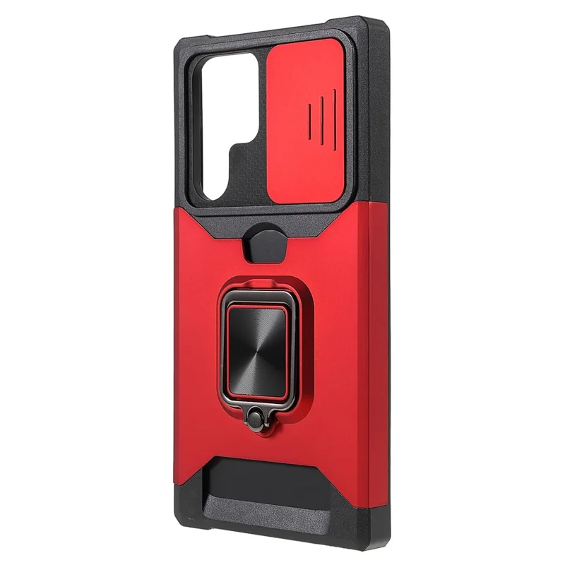 Camera Slider PC + TPU Phone Case Card Holder and Kickstand Design Scratch-resistant Drop-proof Phone Cover for Samsung Galaxy S22 Ultra 5G - Red