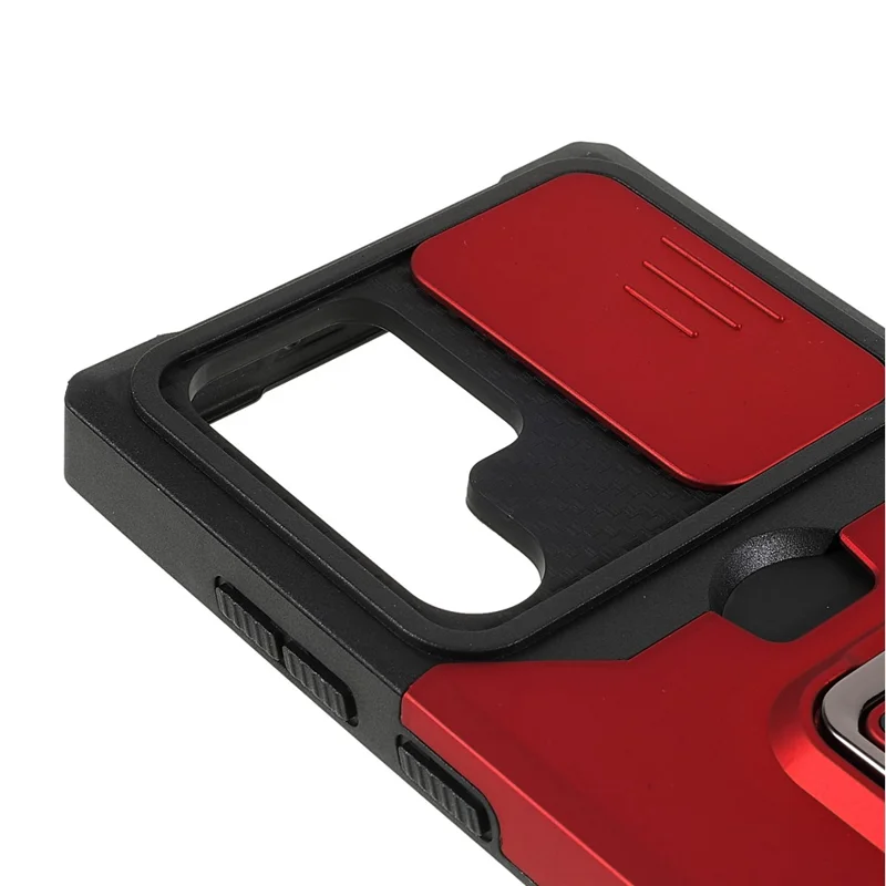 Camera Slider PC + TPU Phone Case Card Holder and Kickstand Design Scratch-resistant Drop-proof Phone Cover for Samsung Galaxy S22 Ultra 5G - Red