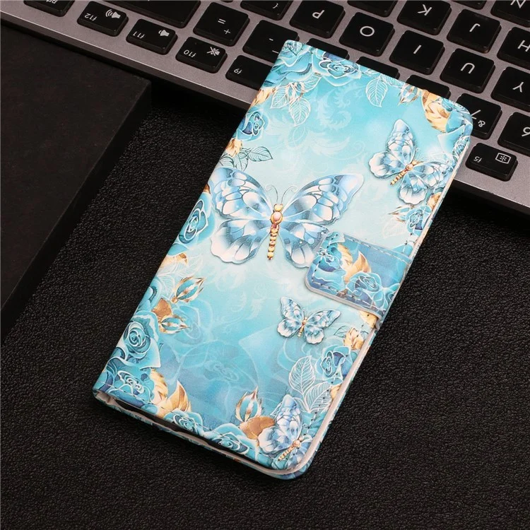 Светло -пятно Декор Печать PU Leather + TPU Телефона с Кошельком Для Samsung Galaxy S22 5G - Blue Gold Butterfly