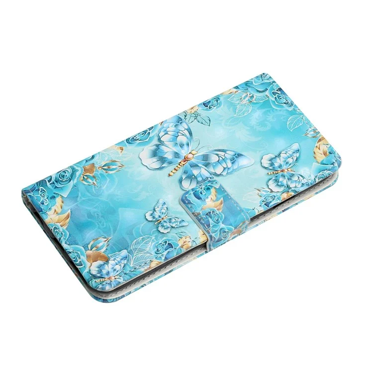 Светло -пятно Декор Печать PU Leather + TPU Телефона с Кошельком Для Samsung Galaxy S22 5G - Blue Gold Butterfly