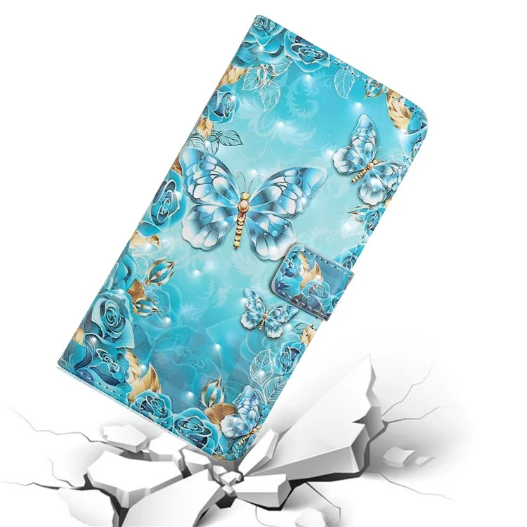 Светло -пятно Декор Печать PU Leather + TPU Телефона с Кошельком Для Samsung Galaxy S22 5G - Blue Gold Butterfly