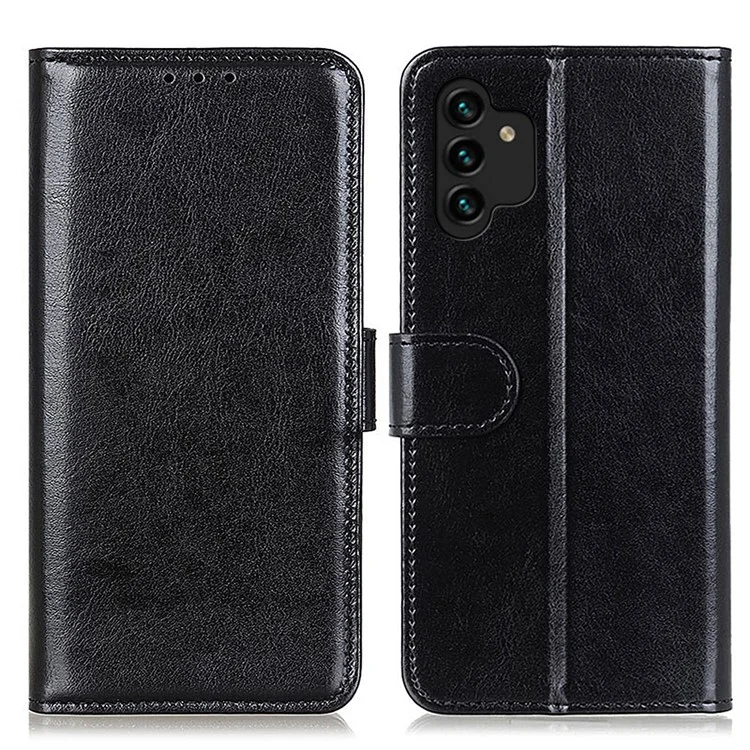 For Samsung Galaxy A13 4G Flip Wallet Crazy Horse Texture PU Leather Cover Magnetic Soft TPU Folding Stand Case - Black