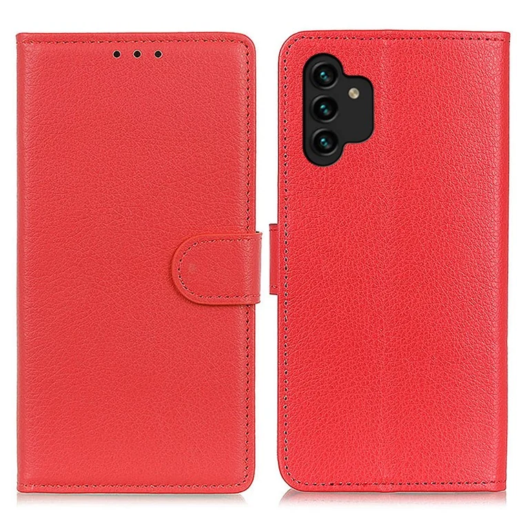 Für Samsung Galaxy A13 4G Buchstand Klassische Litchi Textur PU Leder Hülle Magnetverschluss Flip Wallet Wallet Cover - Rot