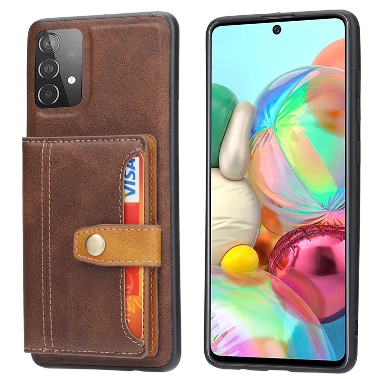 Para Samsung Galaxy A33 Ranuras 5G Slots Kickstand PU Cuero Recubierto TPU Tapa Trasera Protectora - Marrón