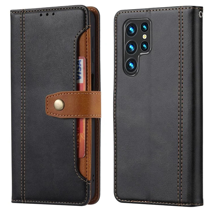 Capa de Telefone TPU+PU Leather Phone Case Anti-impressão digital Textura Estilo de Negócios Carteira Suporte Protetor para Samsung Galaxy S22 Ultra 5G - Preto
