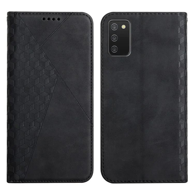 Skin-touch Rhombus Pattern Drop-proof Auto-absorbed Magnetic Closure Leather Phone Case with Stand for Samsung Galaxy A03s (164.2 x 75.9 x 9.1mm) - Black