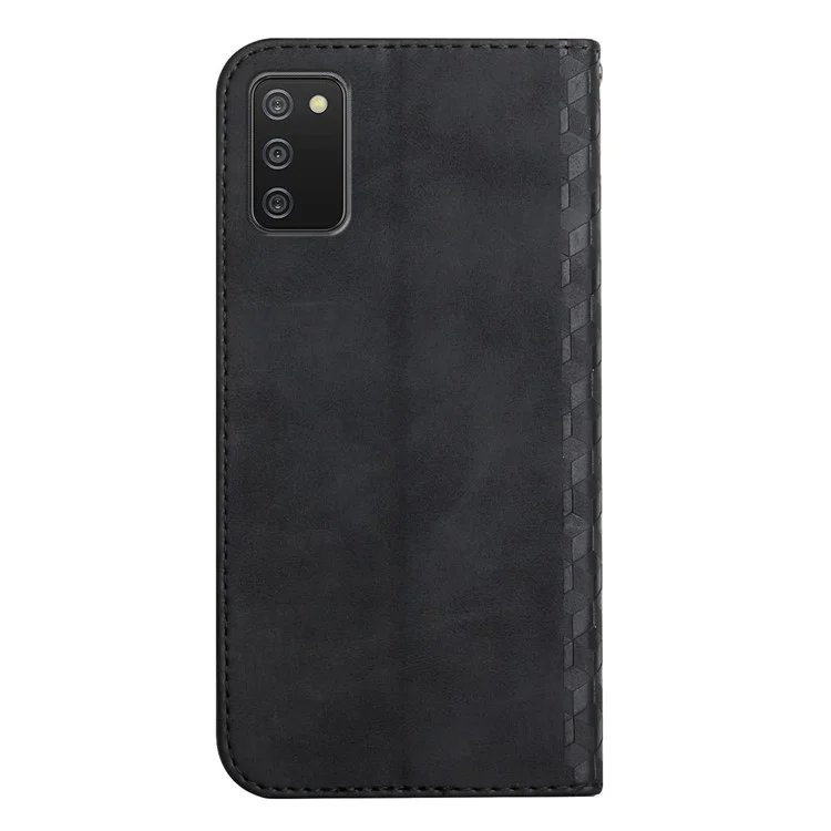 Skin-touch Rhombus Pattern Drop-proof Auto-absorbed Magnetic Closure Leather Phone Case with Stand for Samsung Galaxy A03s (164.2 x 75.9 x 9.1mm) - Black
