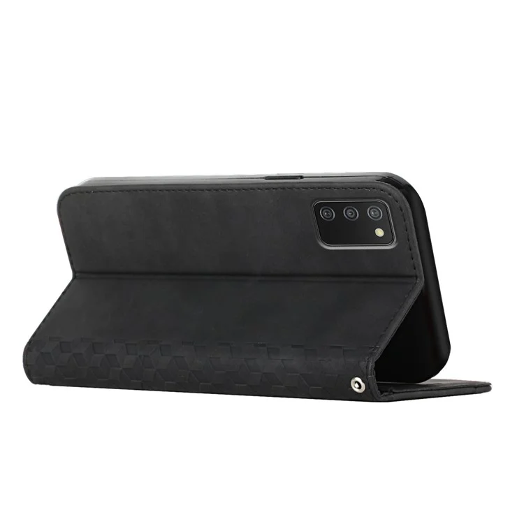 Skin-touch Rhombus Pattern Drop-proof Auto-absorbed Magnetic Closure Leather Phone Case with Stand for Samsung Galaxy A03s (164.2 x 75.9 x 9.1mm) - Black