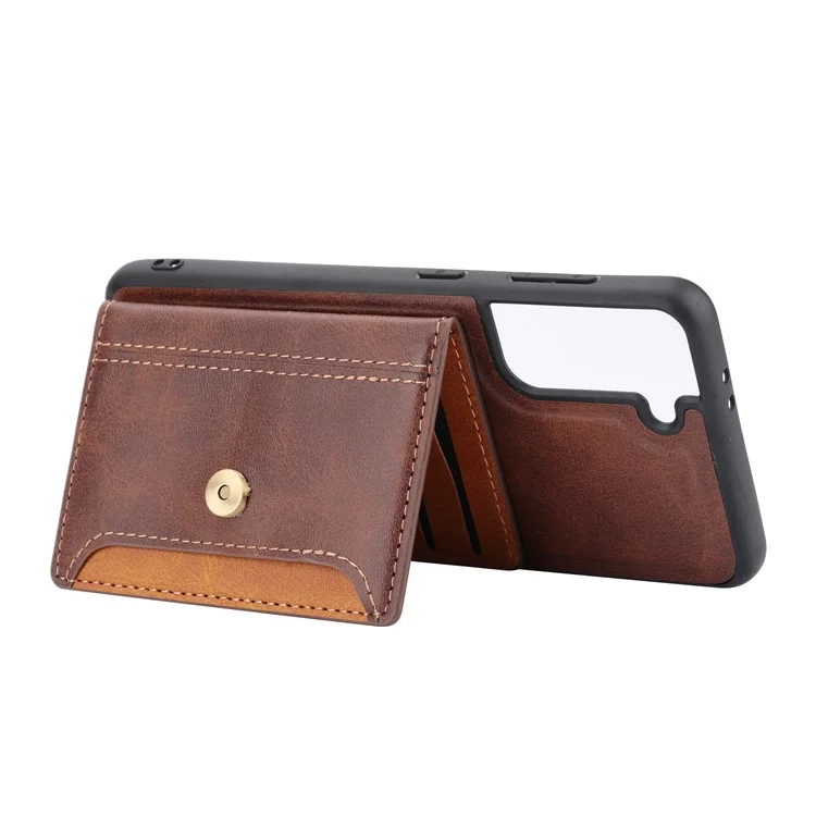 Cartes Holders Kickstand Fonction PU Cuir Enduit TPU TPU Arrière Arrière du Samsung Galaxy S22 + 5G - Brun