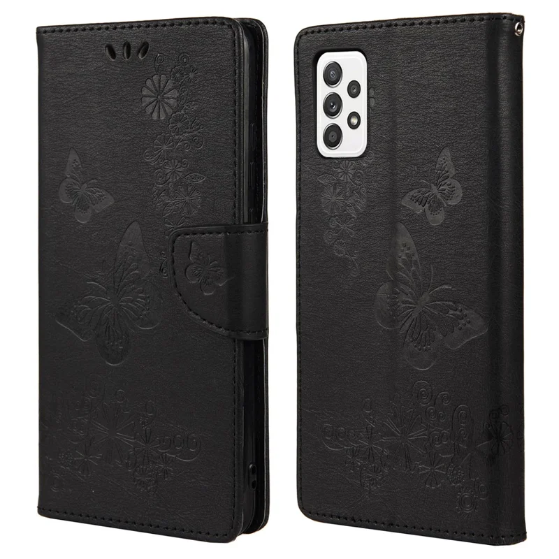 For Samsung Galaxy A53 5G Imprinting Stylish Butterfly Flower Well-protected Phone Shell Scratch-resistant Stand Wallet Leather Phone Case - Black