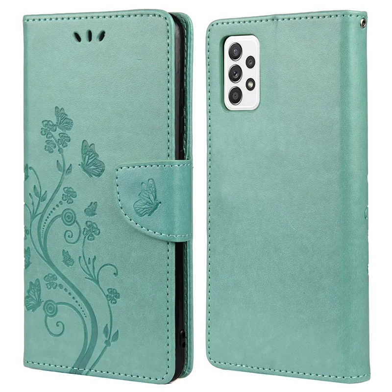 For Samsung Galaxy A53 5G Butterfly Flower Imprinted Leather Stand Wallet Cover Phone Case - Green