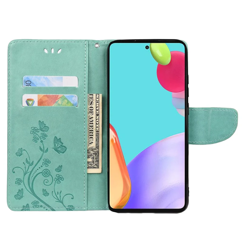 For Samsung Galaxy A53 5G Butterfly Flower Imprinted Leather Stand Wallet Cover Phone Case - Green