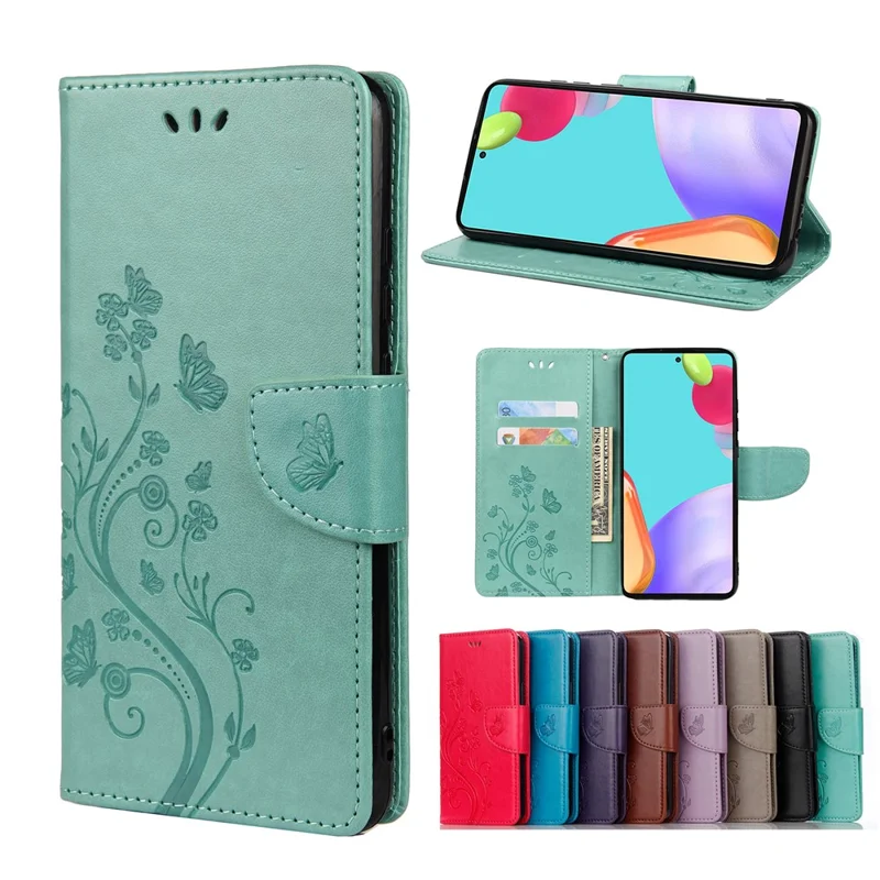 For Samsung Galaxy A53 5G Butterfly Flower Imprinted Leather Stand Wallet Cover Phone Case - Green