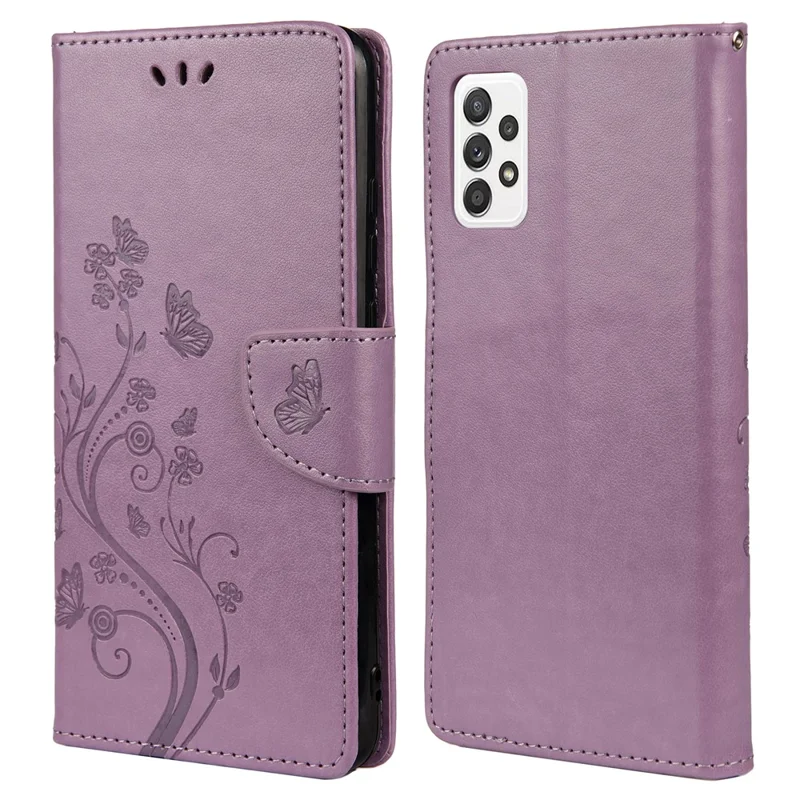 For Samsung Galaxy A53 5G Butterfly Flower Imprinted Leather Stand Wallet Cover Phone Case - Light Purple