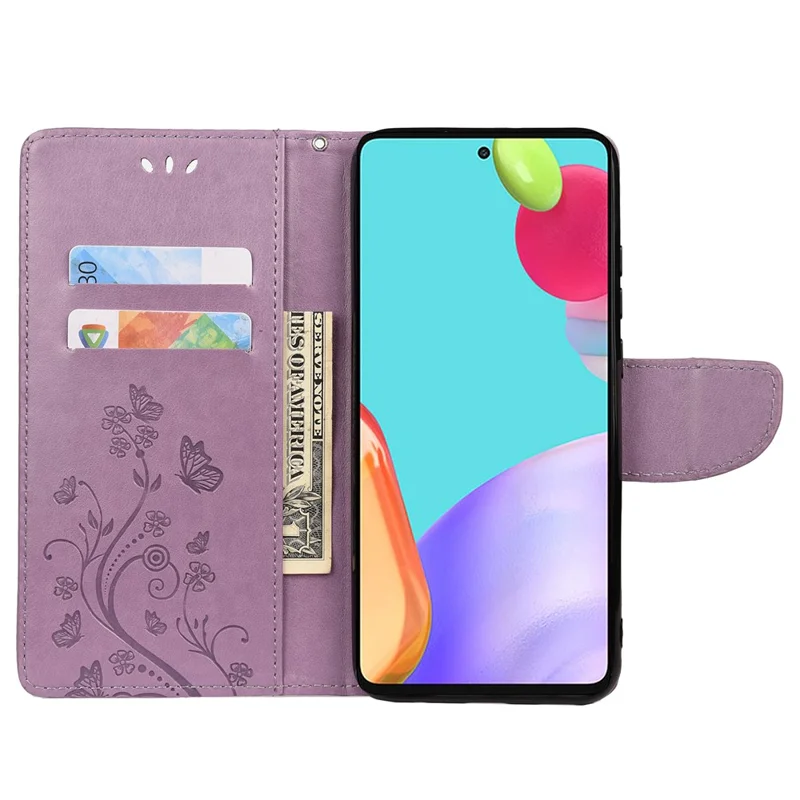 For Samsung Galaxy A53 5G Butterfly Flower Imprinted Leather Stand Wallet Cover Phone Case - Light Purple