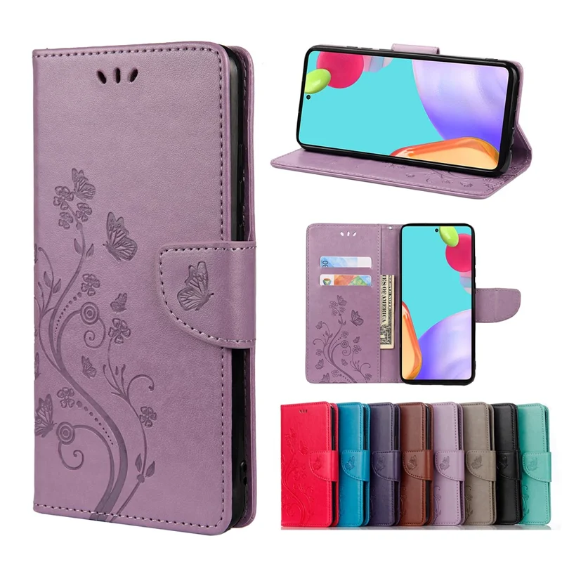 For Samsung Galaxy A53 5G Butterfly Flower Imprinted Leather Stand Wallet Cover Phone Case - Light Purple