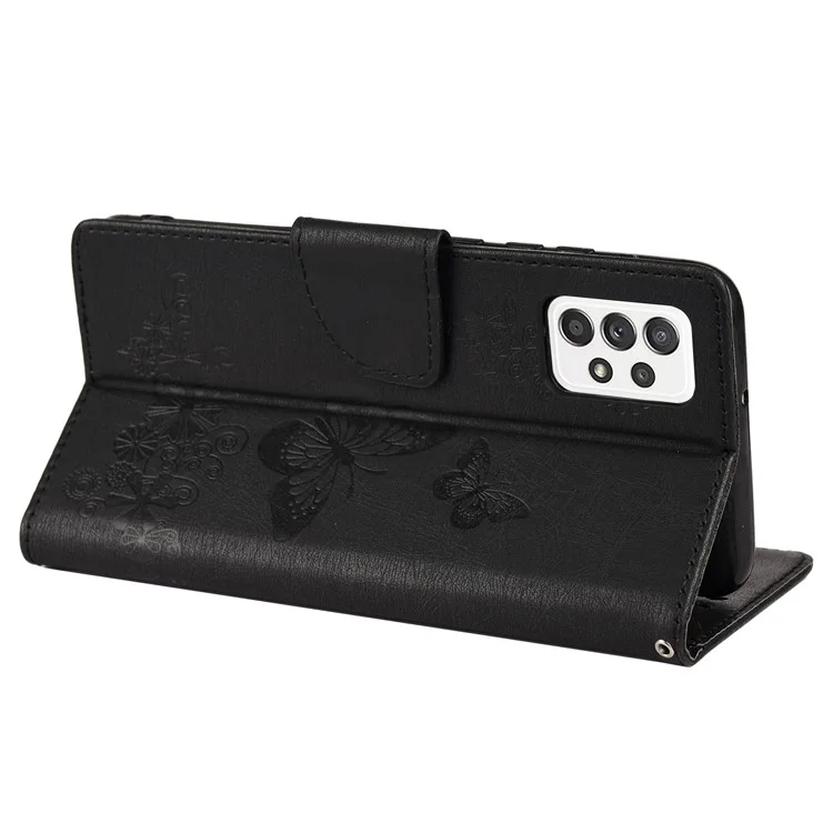 Pour Samsung Galaxy A33 5G Butterfly Flower Imprinted Shockproof Leather Case Phone Protector with Stand Wallet - Noir