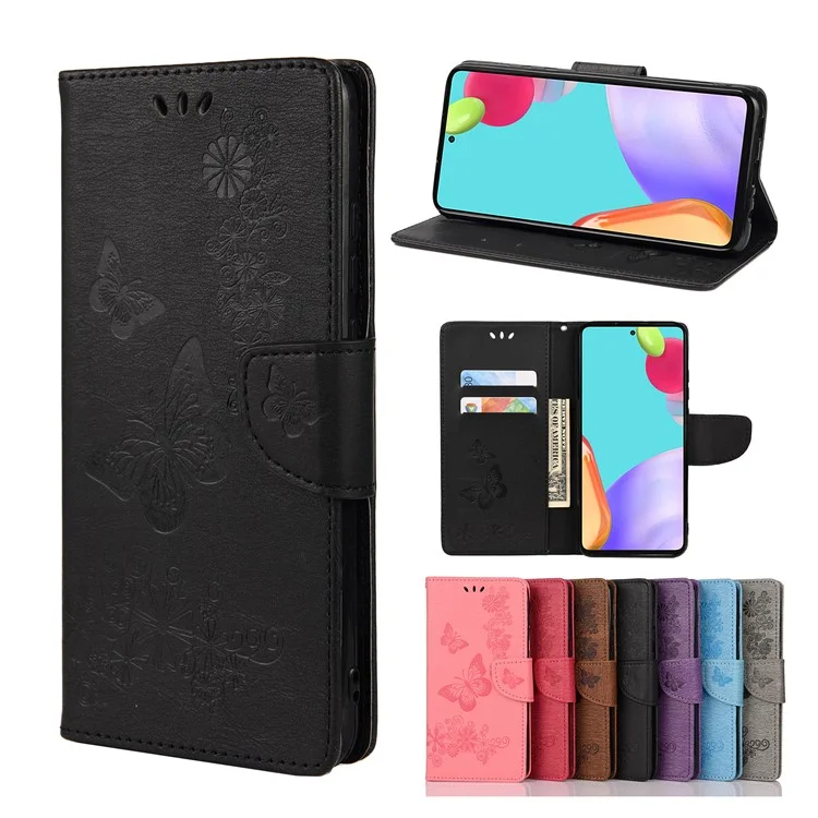 Pour Samsung Galaxy A33 5G Butterfly Flower Imprinted Shockproof Leather Case Phone Protector with Stand Wallet - Noir