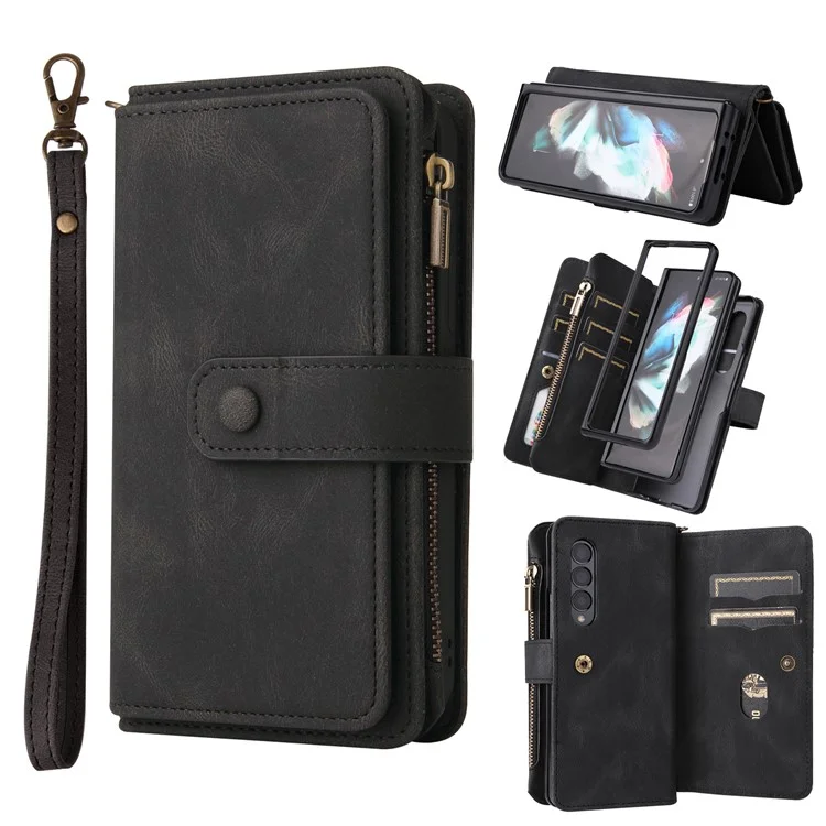 For Samsung Galaxy Z Fold3 5G Zipper Wallet Case with 15 Card Slots and Strap Leather Phone Cover - Black