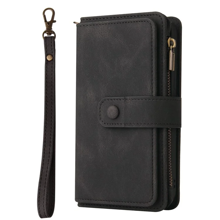 For Samsung Galaxy Z Fold3 5G Zipper Wallet Case with 15 Card Slots and Strap Leather Phone Cover - Black