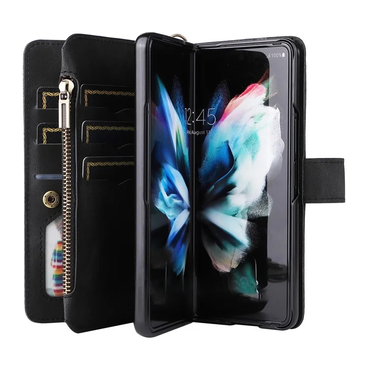 For Samsung Galaxy Z Fold3 5G Zipper Wallet Case with 15 Card Slots and Strap Leather Phone Cover - Black