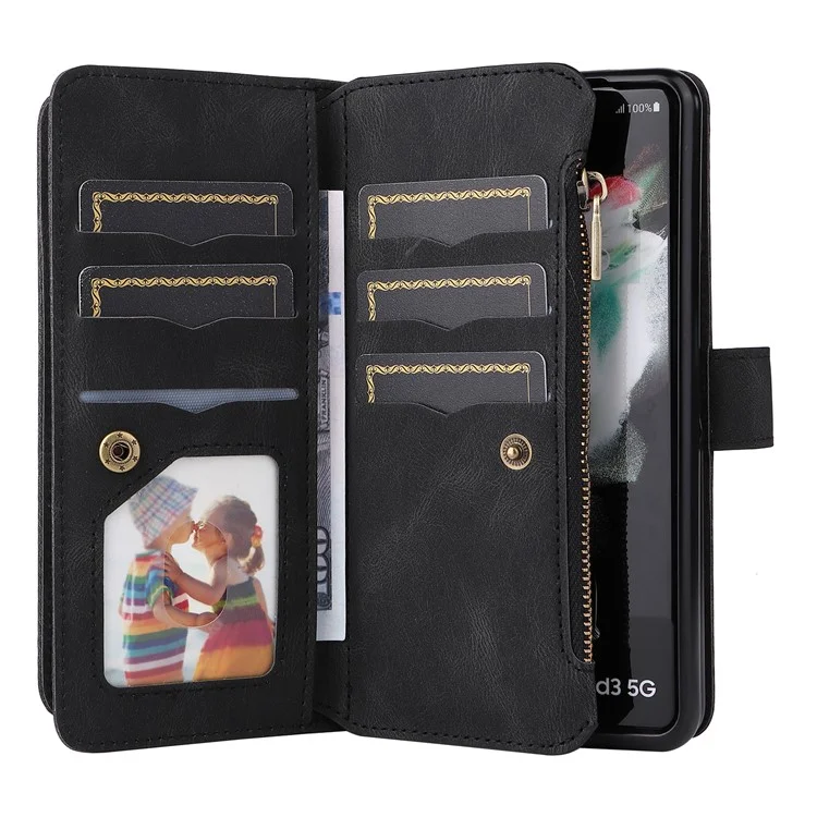 For Samsung Galaxy Z Fold3 5G Zipper Wallet Case with 15 Card Slots and Strap Leather Phone Cover - Black