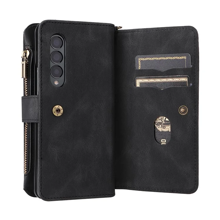 For Samsung Galaxy Z Fold3 5G Zipper Wallet Case with 15 Card Slots and Strap Leather Phone Cover - Black