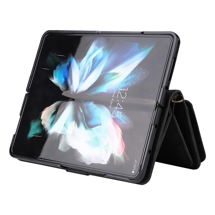 For Samsung Galaxy Z Fold3 5G Zipper Wallet Case with 15 Card Slots and Strap Leather Phone Cover - Black