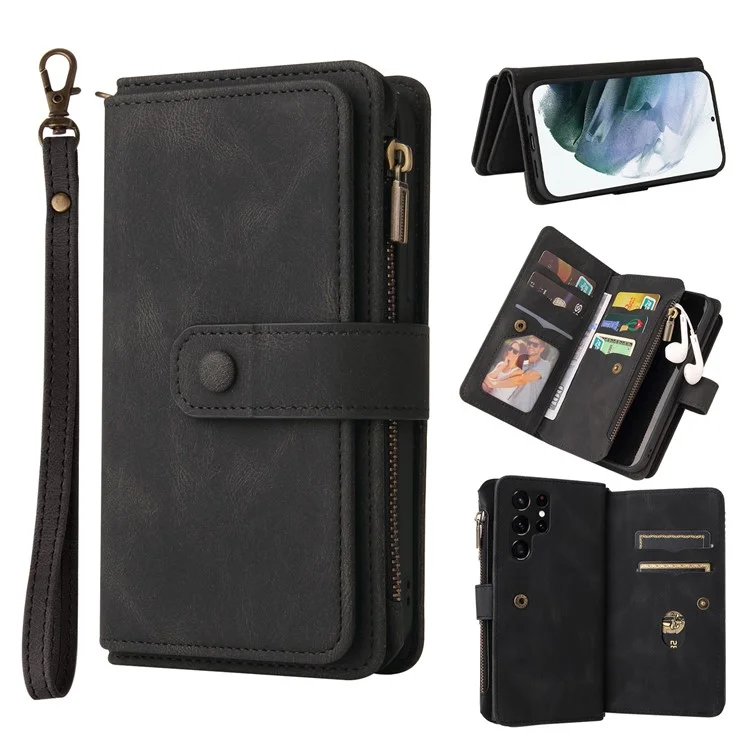 Portefeuille multifonction KT Series-2 en cuir PU avec 15 emplacements pour cartes, étui de protection en TPU pour Samsung Galaxy S22 Ultra 5G - Noir
