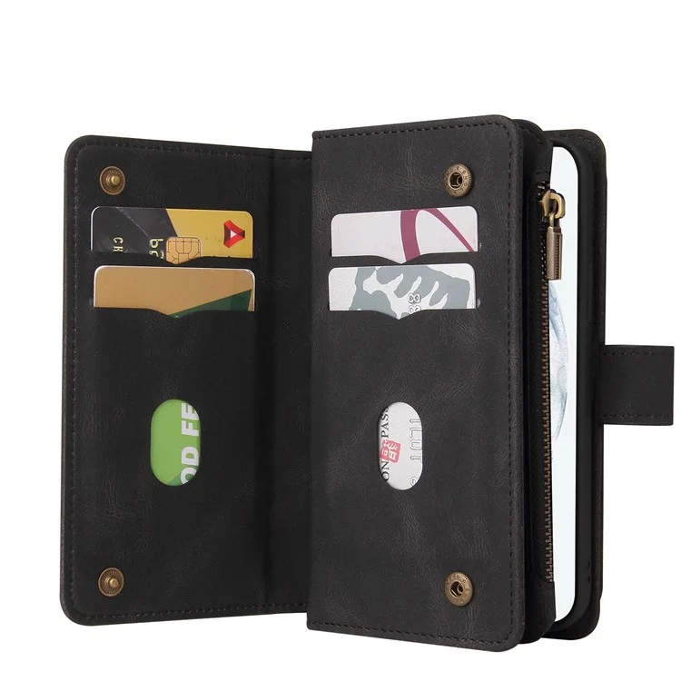 Portefeuille multifonction KT Series-2 en cuir PU avec 15 emplacements pour cartes, étui de protection en TPU pour Samsung Galaxy S22 Ultra 5G - Noir