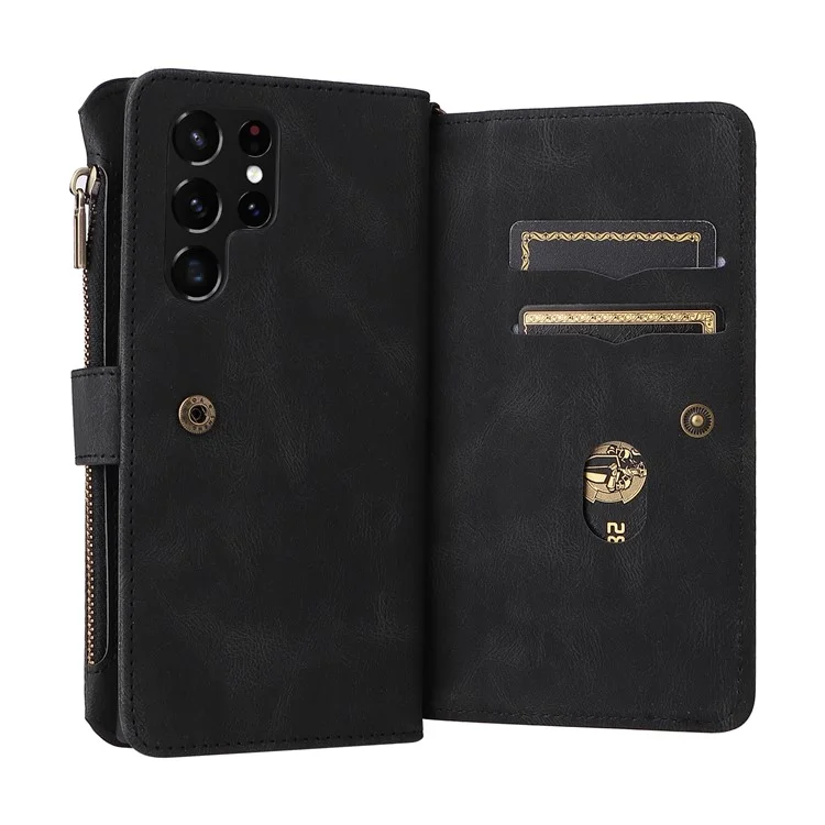 Portefeuille multifonction KT Series-2 en cuir PU avec 15 emplacements pour cartes, étui de protection en TPU pour Samsung Galaxy S22 Ultra 5G - Noir