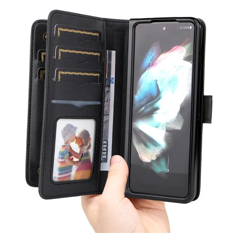 For Samsung Galaxy Z Fold3 5G Leather Case with 10 Card Holder Phone Cover Stand - Black