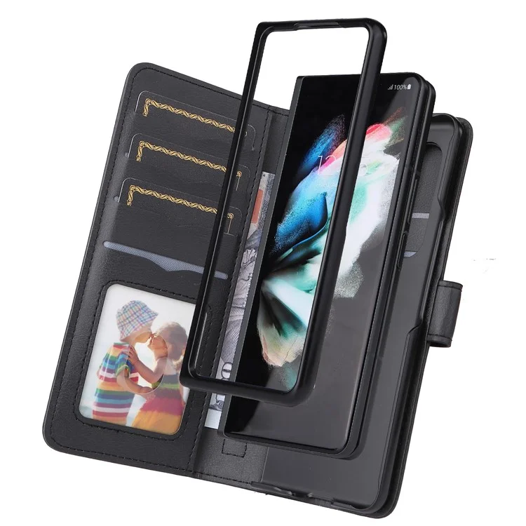 For Samsung Galaxy Z Fold3 5G Leather Case with 10 Card Holder Phone Cover Stand - Black