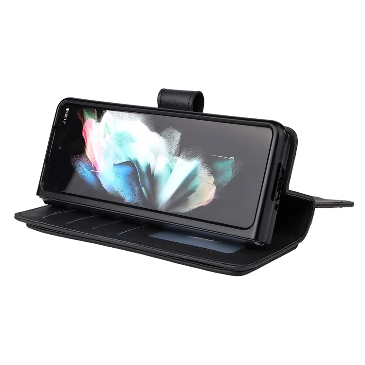 For Samsung Galaxy Z Fold3 5G Leather Case with 10 Card Holder Phone Cover Stand - Black