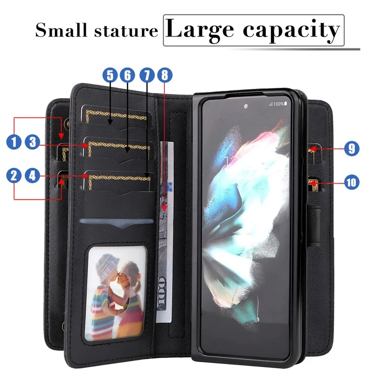 For Samsung Galaxy Z Fold3 5G Leather Case with 10 Card Holder Phone Cover Stand - Black