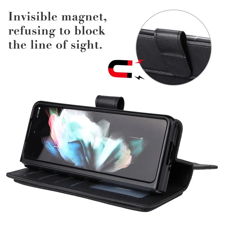 For Samsung Galaxy Z Fold3 5G Leather Case with 10 Card Holder Phone Cover Stand - Black