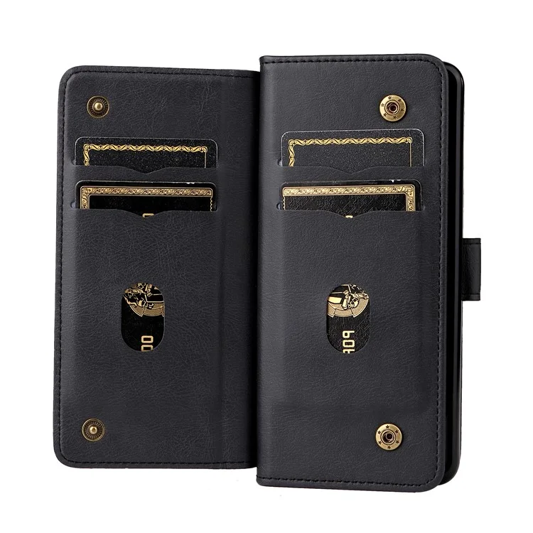 For Samsung Galaxy Z Fold3 5G Leather Case with 10 Card Holder Phone Cover Stand - Black