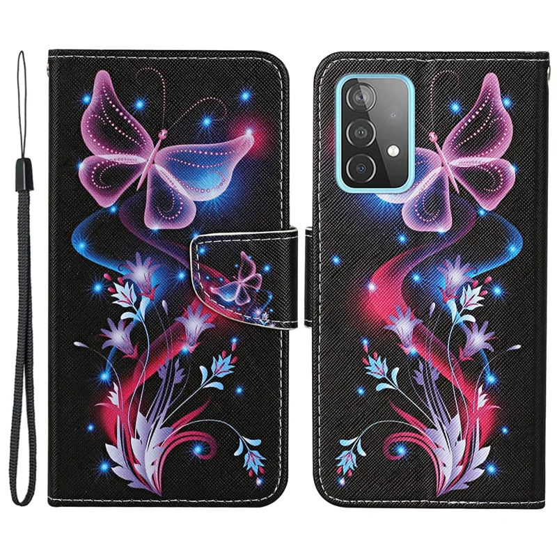 Pattern Printing Flip Wallet Case Cross Texture PU Leather Stand Protective Shell with Strap for Samsung Galaxy A53 5G - Fluorescent Butterflies