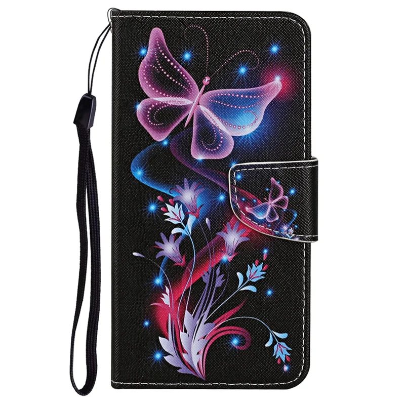 Pattern Printing Flip Wallet Case Cross Texture PU Leather Stand Protective Shell with Strap for Samsung Galaxy A53 5G - Fluorescent Butterflies